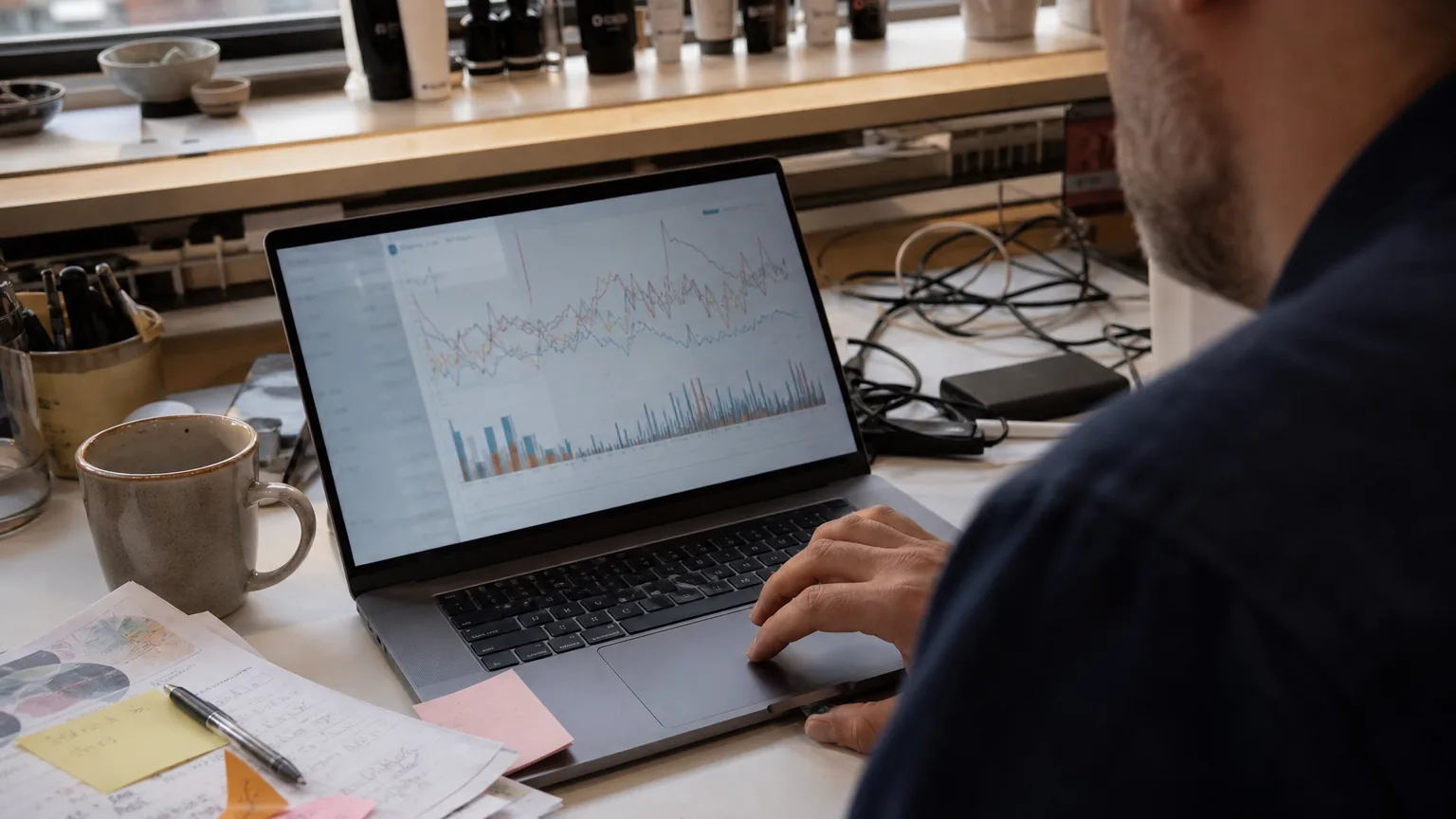 Laptop on a desk showing search campaign performance charts