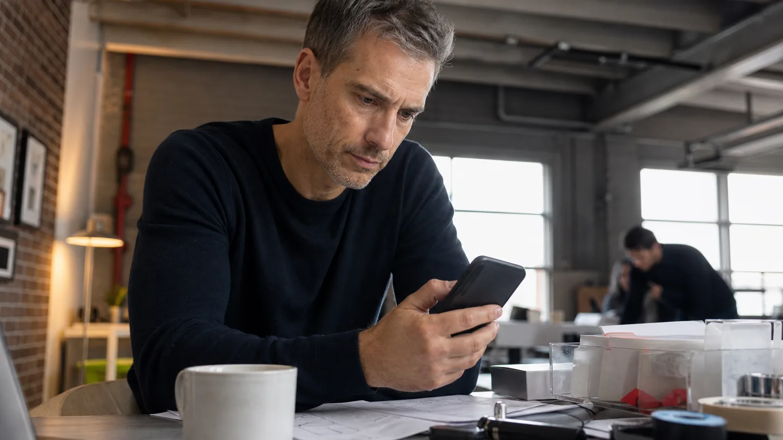 Small business owner reading the weekly plan summary on a phone at the workshop table