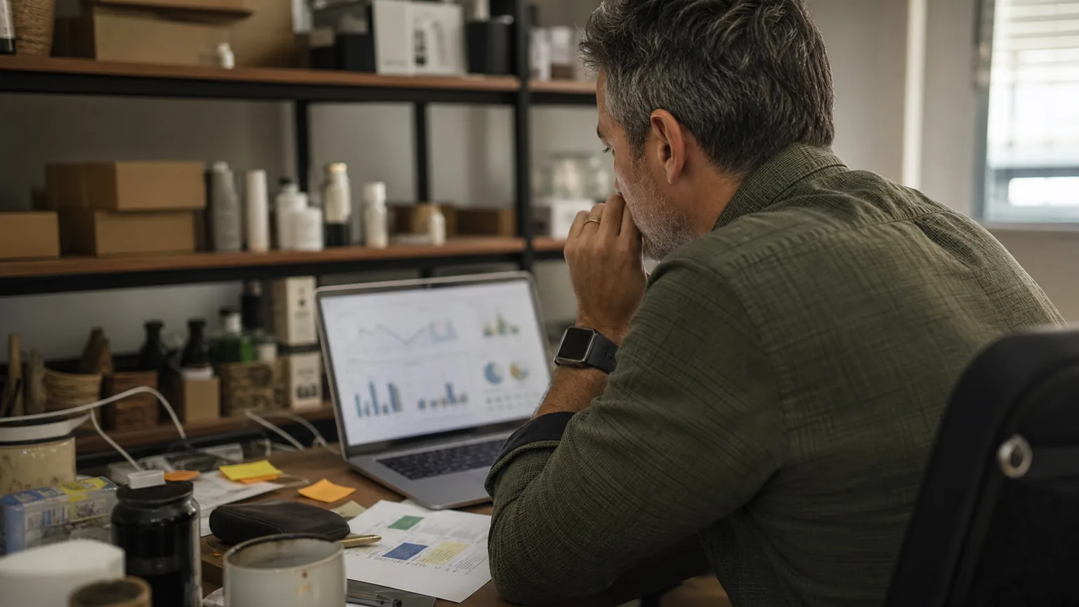 Ecommerce operations manager reviewing store and ad performance on a laptop