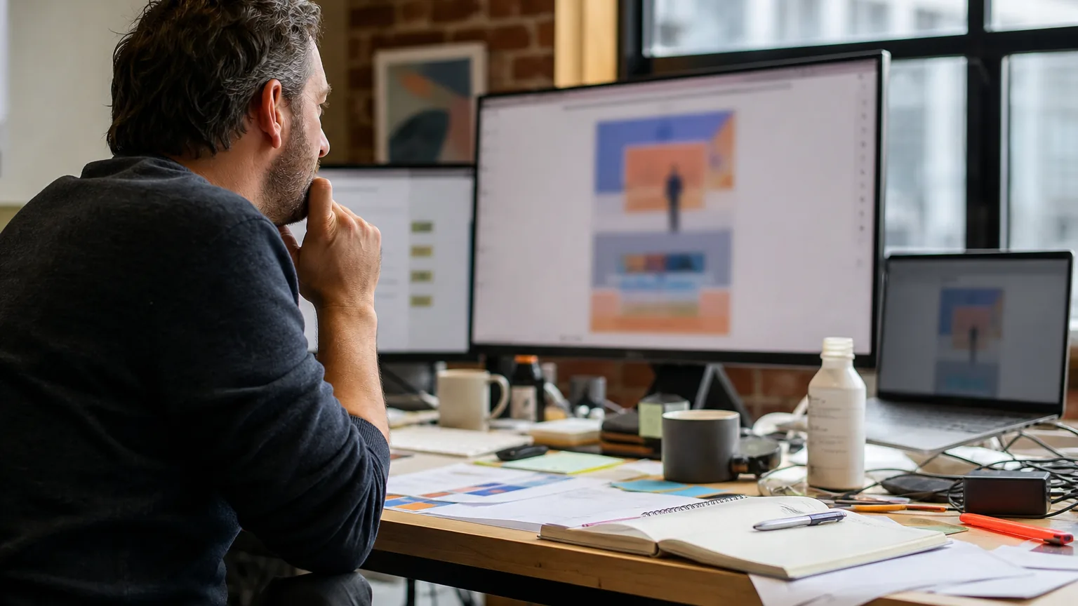 Marketer reviewing an email campaign layout on a large monitor