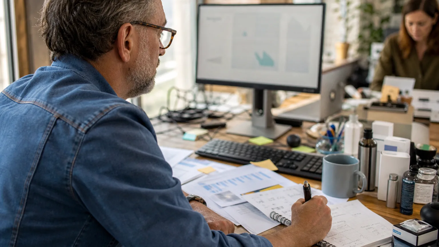 Senior marketer reviewing a growth plan at a desk