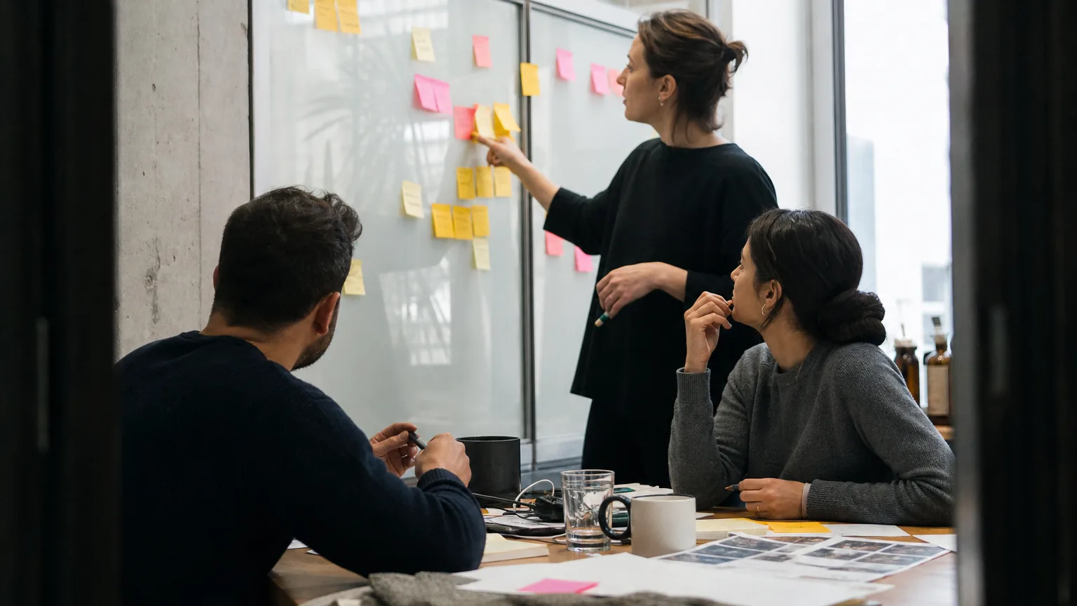 Marketing and finance leads planning the week around a laptop in a glass meeting room