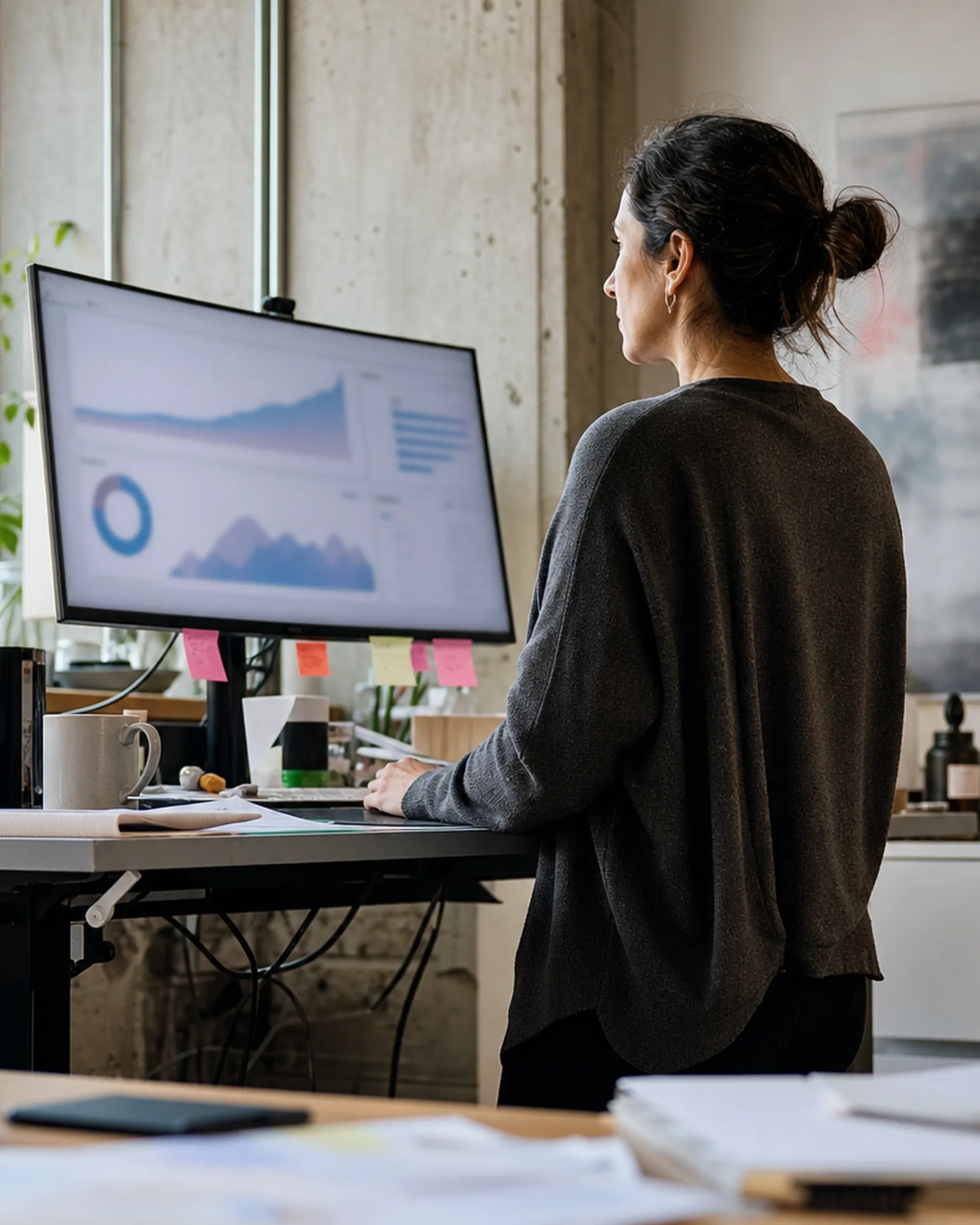 Head of marketing at a standing desk comparing performance dashboards before choosing a tool