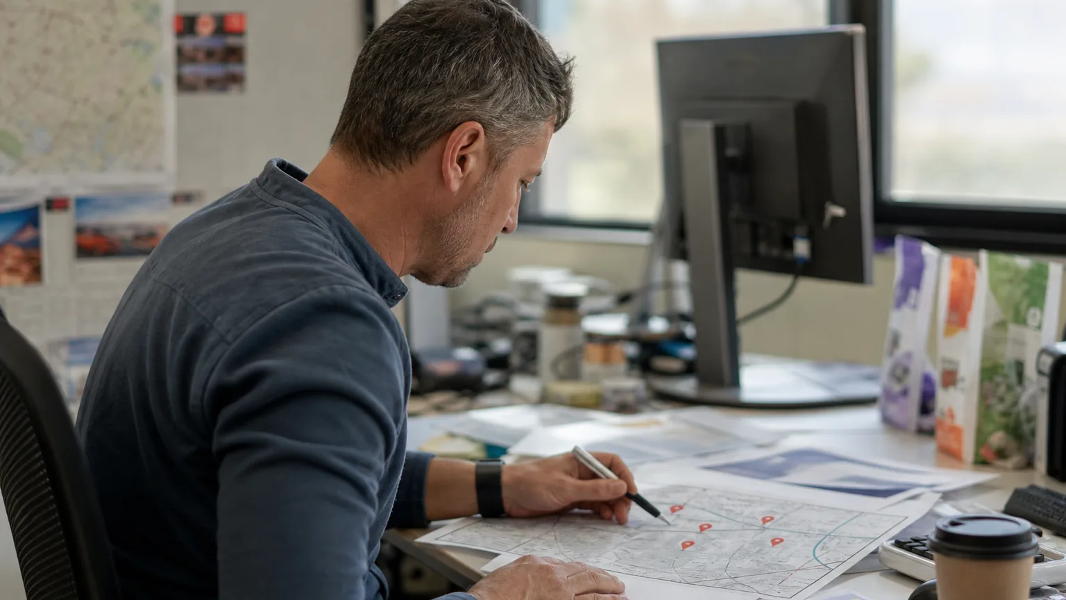 Regional marketing manager reviewing performance of several locations at a desk