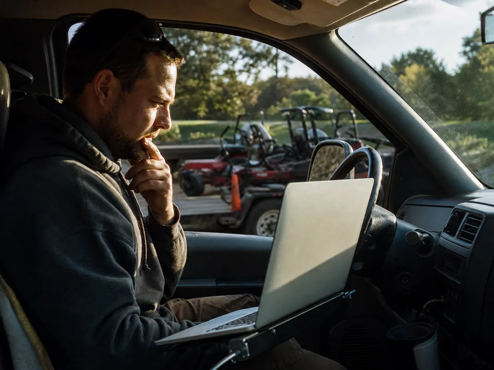 Owner of a trades business reviewing costs on a laptop in his pickup truck at a job site